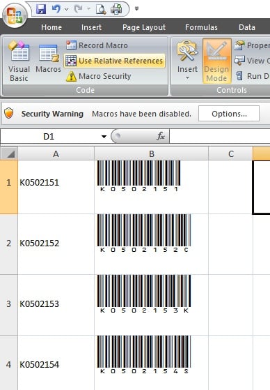 barcode for excel