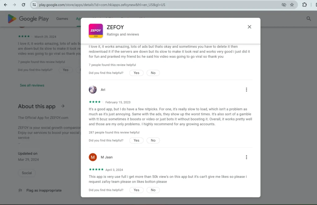 Google Play Version of Zefoy for Tiktok Followers, Likes, and Comments 12 Screenshot from Google Play Review section