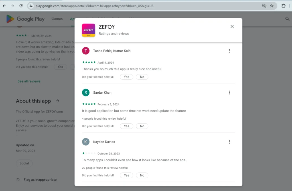 Google Play Version of Zefoy for Tiktok Followers, Likes, and Comments 13 Screenshot from Google Play Review section